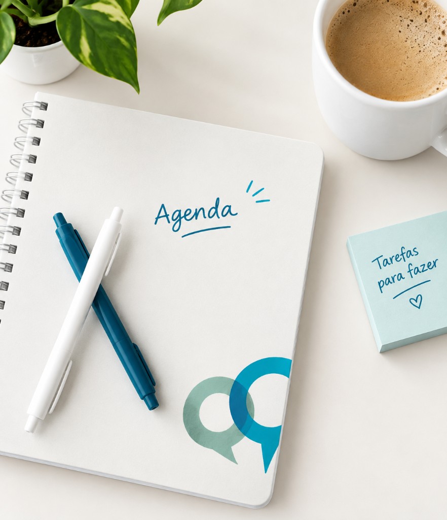 Caderno de agenda com canetas, café e um bloco de tarefas para fazer